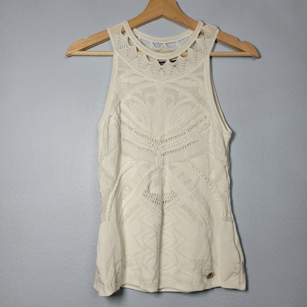 Vtg Roberto Cavalli Cream Pointelle Knit Top M Sleeveless Boho Cottagecore Y2K